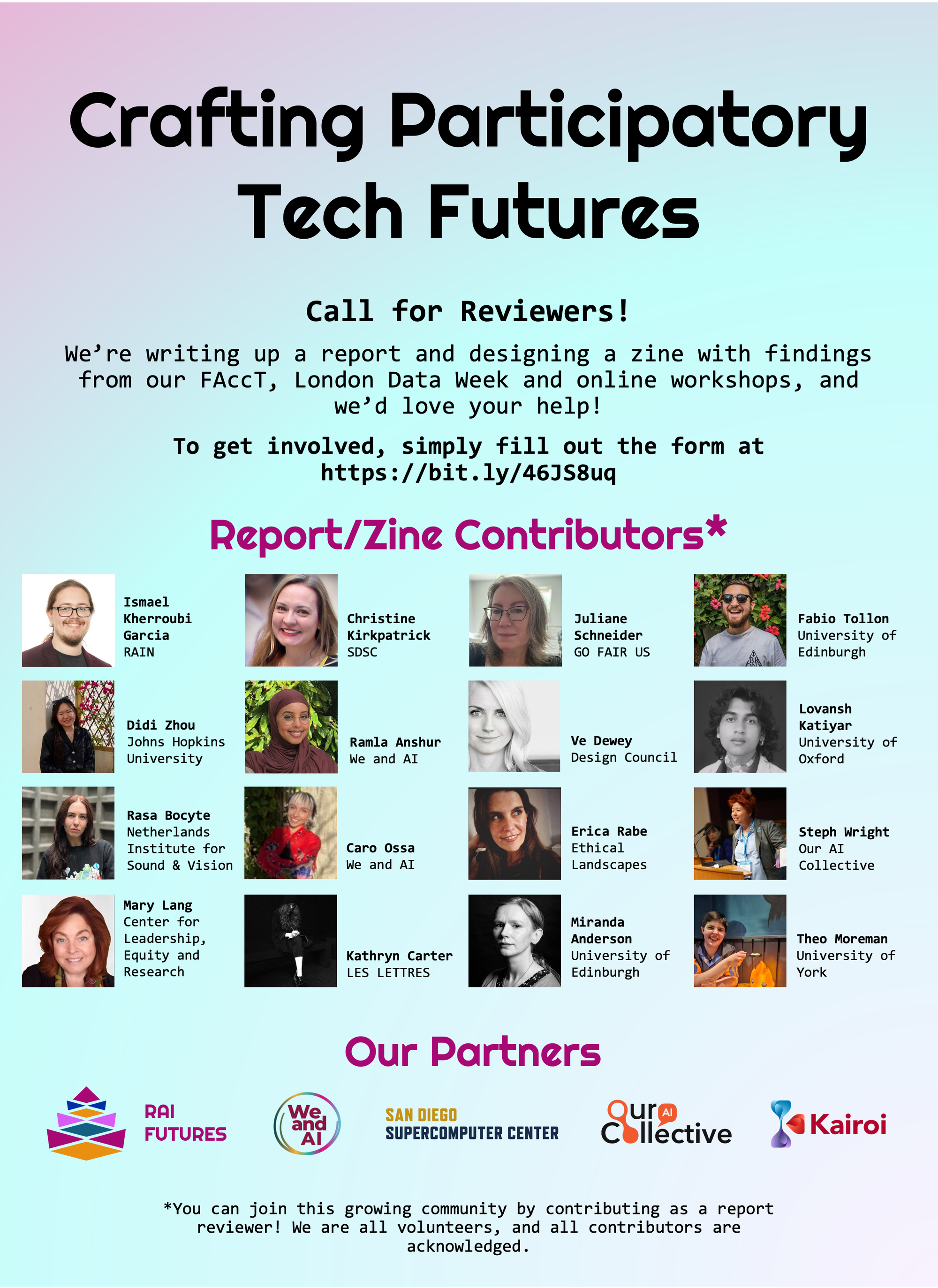 Poster with contributors to the Crafting Participatory Tech Futures Report, and the names of 16 contributors so far. You can contribute at https://bit.ly/46JS8uq
